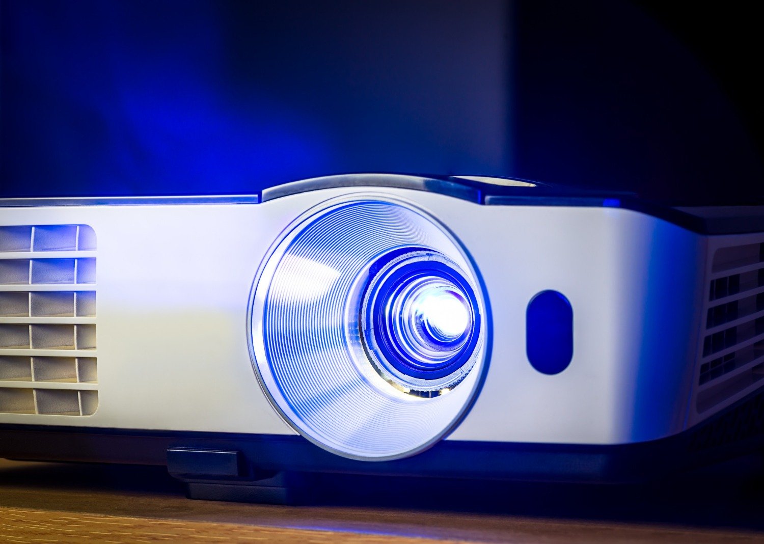 Close-up of projector lens beam in an Essex classroom AV system